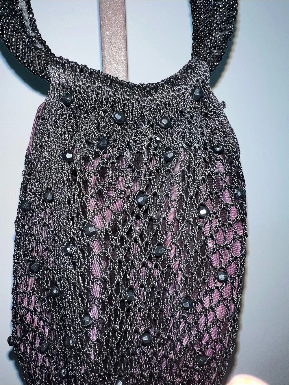 Vintage Y2K Black Beaded Crochet Evening Bag – Ring Handle